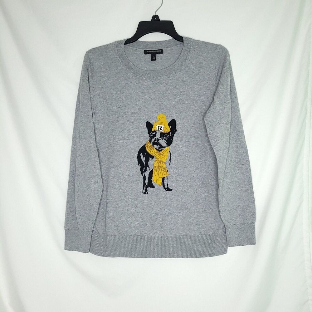 Banana Republic Women's Dog Graphic Gray Cotton Pullover Sweater Large